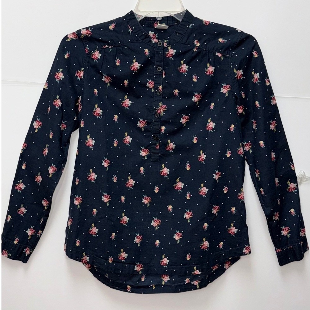 Bossini Navy Floral Polka Dot Blouse Size L Preppy Cottage Prairie Office Casual